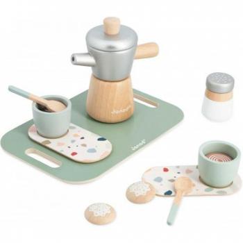 Juego de café de madera Janod J06630 con 15 piezas, incluye cafetera, tazas, platos, cucharas y pasteles, fabricado en madera de alta calidad, diseño colorido y atractivo para niños a partir de 3