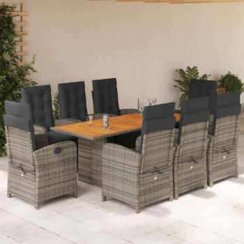 Set comedor jardín 9 pzas con cojines de ratán sintético gris