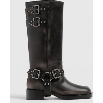 Stradivarius Flat Distressed Boots with Buckles - Grey