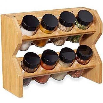 Estante de Especias de Bambú con 8 Tarros de Vidrio, Tapas con Dosificador y Cierre a Rosca, para Colgar o Poner en la Mesa - Relaxdays