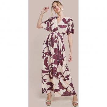 Goddiva Leaf Print Flutter Sleeve Maxi Dress - Cream - Size 12 UK