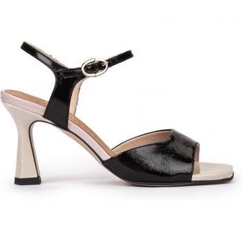 Sandalias de mujer bicolor de tacón Pedro Miralles fabricadas en charol modelo ALAYOR en tonos Negros, hecho a mano en España