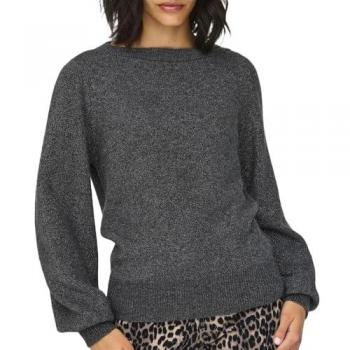 Jersey de mujer de manga larga gris oscuro con escote barco, puños acanalados y brillo, talla S