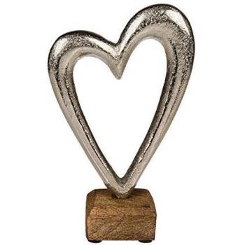 OOTB Corazón de Metal en Base de Madera, Plata, 17 cm
