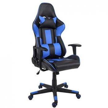 Silla de oficina giratoria HWC-F84 con soporte lumbar y cervical, imitación de cuero negro y azul
