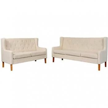 vidaXL Set Sofás 2 Piezas Tela Blanco Crema Asiento Sillón Taburete Banquillo