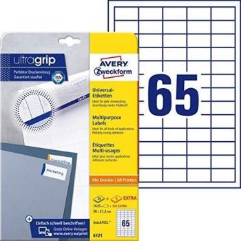 Etiquetas Universales Autoadhesivas Avery Zweckform 6121, 38 x 21,2 mm, 1950 etiquetas (25+5 hojas), impresoras láser e inkjet, adhesivo permanente