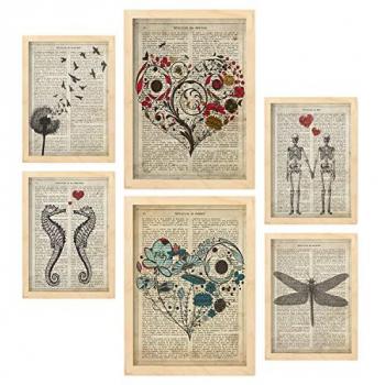 Set de 6 Posters Vintage con Estética Collage para Decoración de Interiores - Tamaños A3 y A4 con Marco de Madera Clara