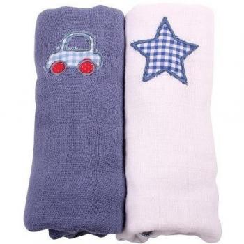 Cuadrado de algodón muselina con la máquina de bordado y estrellas, de 2 secciones, color - Minene: Azul y Blanco