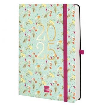 Agenda Finocam Capri FA5 2025, tamaño A5 (14,8 x 21 cm), encuadernada, 1 día por página, año completo de enero a diciembre 2025, diseño Happy multicolor internacional y