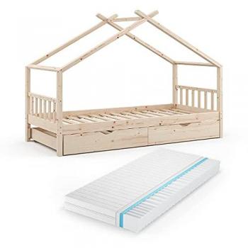 Cama en Forma de Casa Design, Madera Natural, 90x200 cm con Cama de Invitados y Colchón Vitalispa