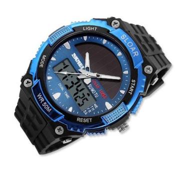 DSstyles Reloj para hombre Reloj con energía solar Reloj militar resistente al agua 5ATM Reloj militar - Azul, con movimiento LCD, Tiempo dual, Alarma, Cronómetro, Luz de fondo LED