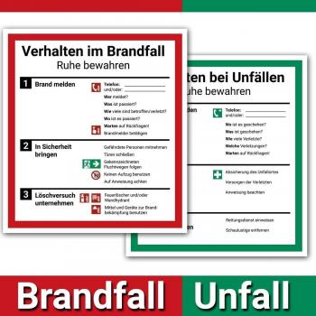Cartel aushang Comportamiento en caso de incendio y Comportamiento en caso de accidentes como conjunto, 18 x 20 cm, con protección UV, de PVC Pegatinas, ISO 7010, operativos aushang emergencia Plan