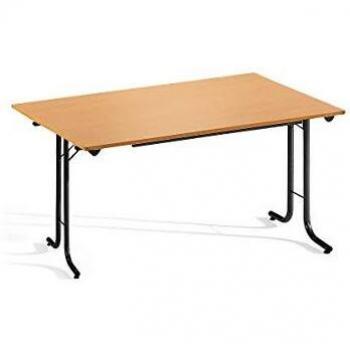 Mesa Plegable con Bordes Redondeados, Estructura de Tubo Redondo, Forma Rectangular 1200 x 700 mm, Estructura Negra, Decoración de Haya