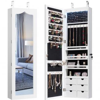 Armario para Joyas con Espejo Iluminación LED Cerradura Estante para Joyero Organizador Montar en Puerta y Pared 36,5 x 11,5 x 120 cm Blanco