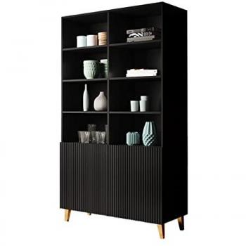 Estantería Charlotte 177, MDF y aglomerado laminado, con puertas doradas y negras, dimensiones 101 x 177 x 40 cm