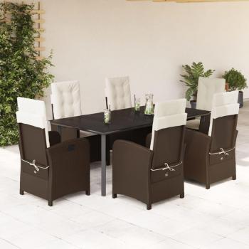 7-Piece Brown Poly Rattan Garden Dining Set with Cushions