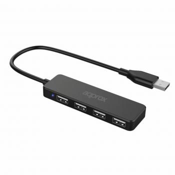 Approx APPC46 Hub USB 2.0 de 4 Puertos con Velocidad de Transferencia de 480 Mbps, Cable Integrado de 15 cm, Color Negro
