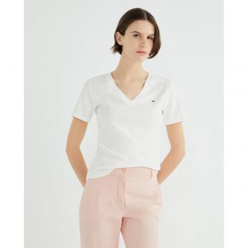 Camiseta Tommy Hilfiger Mujer Slim Fit Manga Corta Cuello Pico Ecru