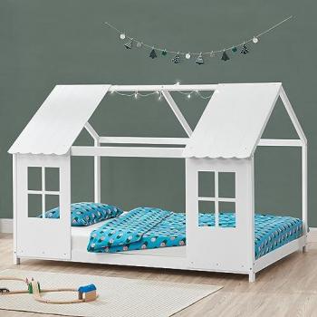Cama Infantil Tostedt en Forma de Casa con Ventanas y Techo, Madera de Pino, 140 x 200 cm - Blanco