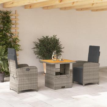 3 Piece Grey Poly Rattan Garden Dining Set with Cushions