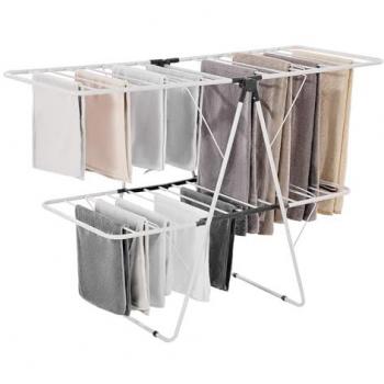 VEVOR 2-Tier Foldable Clothes Drying Rack with Sock Clips & 31 Drying Rods, Height Adjustable Metal Laundry Hanger for Indoor & Outdoor Use, Space-Saving Design, White