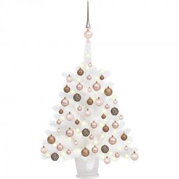 Árbol de Navidad Artificial Preiluminado de 65 cm con LED y Bolas en Colores Rosa, Blanco y Dorado