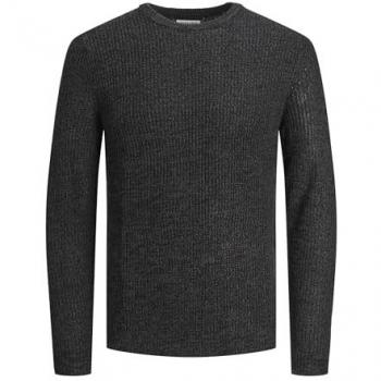 Jack & Jones - Jersey de punto con estructura y cuello redondo para hombre, color gris oscuro, flexible y suave, modelo Jjelewis en asfalto con detalles retorcidos en negro, talla L