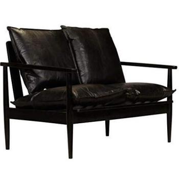 vidaXL Madera Acacia Sofá 2 Plazas Cuero Auténtico Negro Sillón Comedor Salón