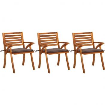 Sillas de comedor de jardín con almohadas 3 piezas de Acacia sólida color gris topo