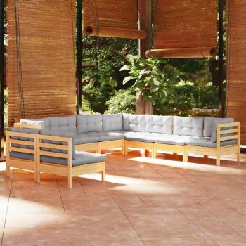 9-Piece Solid Pine Garden Lounge Set with Grey Cushions