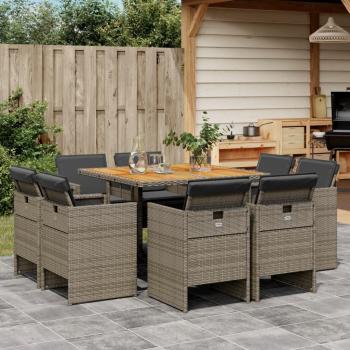 9-Piece Gray Poly Rattan Garden Dining Set with Cushions