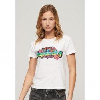 Camiseta ajustada de manga corta Cali Sticker blanca para mujer de Superdry