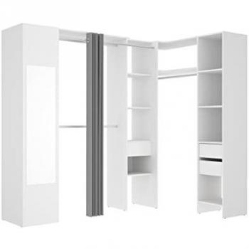 Armario ropero de esquina con cortina y 1 puerta - Con espejo - L231 cm - Blanco y gris - BERTRAND