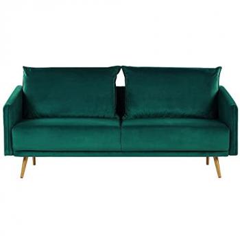 Sofá 3 Plazas Terciopelo Verde Esmeralda con Respaldo Acolchado y Patas Doradas Metálicas Retro Glam Maura