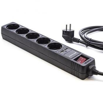 REGLETA Phoenix PHPOWERSTRIP5USB / 5 Tomas Enchufe Europeo Tipo SCHUKO/Total 2 X USB 2.1A / Cable 1.8 Metros / IP20 / Interruptor/Toma DE Tierra/con Proteccion/Color Negro