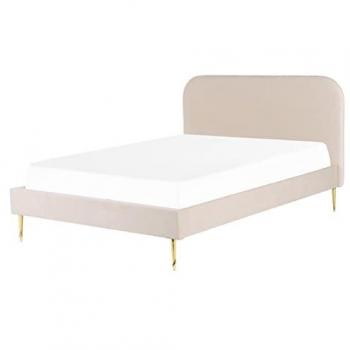 Cama King Size de Terciopelo Beige con Patas Doradas y Cabecera Minimalista 160x200 cm