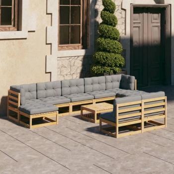 10-Piece Solid Pine Garden Lounge Set with Cushions