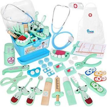 Vanplay Madera Maleta Médica Juguete Doctora Estetoscopio Juego Herramienta de Dentista Azul para Niños, 42PCS