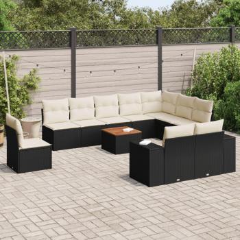 11-Piece Black Poly Rattan Garden Sofa Set with Cushions