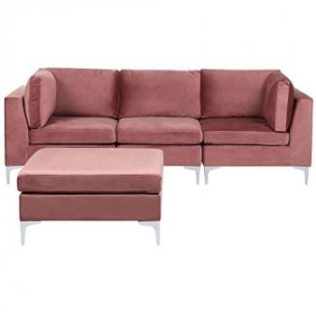 Sofá Modular 3 Plazas de Terciopelo Rosa con Reposapiés y Patas de Metal Plateado estilo Glamour