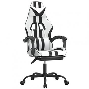 Silla gaming giratoria reposapiés cuero sintético blanco negro con reposabrazos, inclinación alta ajustable y ruedas para oficina o sala de estar