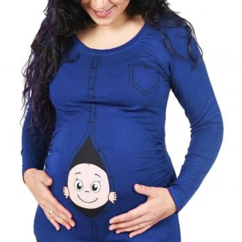 Q.KIM Maternidad T-Shirt Mirando a Bebé Camiseta de Manga Larga Cute Funny Pregnancy Tops-Bebé, Azul L