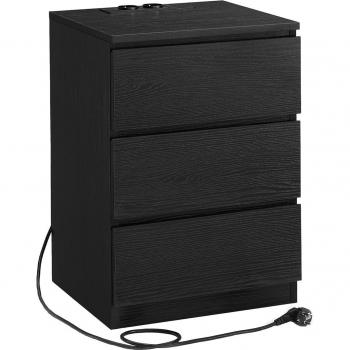 Mesita de Noche Moderna con Estación de Carga Integrada, Mesa Auxiliar con 3 Cajones, 2 Enchufes, 2 Puertos USB, en Blanco, Madera o Negro Ébano, Ideal para