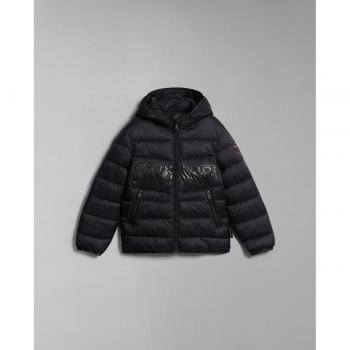 Plumífero de niño Napapijri A-Aerons con capucha y logo frontal a tono, color negro puro, talla 16
