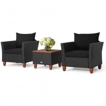 3-Piece Outdoor Patio Rattan Furniture Set - Cushioned Sofa with Storage Table and Wood Top, Black