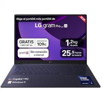 Portátil LG Gram Pro 16 - Intel Core Ultra 9, 32GB RAM, 1TB SSD, Pantalla IPS WQXGA, Ligero (1.2 kg), Windows 11