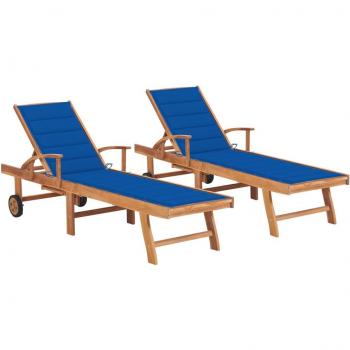 Royal Blue Cushion Teak Wood Sun Loungers Set of 2