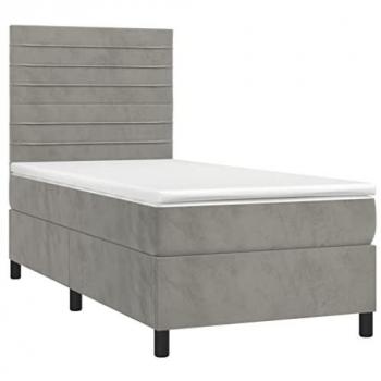 Cama box spring con colchón y LED de terciopelo gris claro 90x190 cm