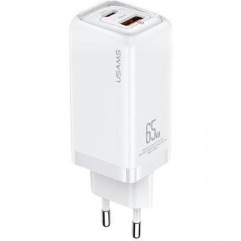 Cargador de pared USAMS 1xUSB-C + 1xUSB T47 65W PD Carga Rápida Super Si Blanco